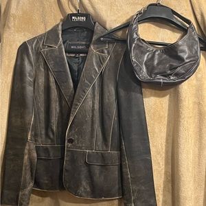 Wilson’s Leather distressed lambskin blazer and coordinating handbag
